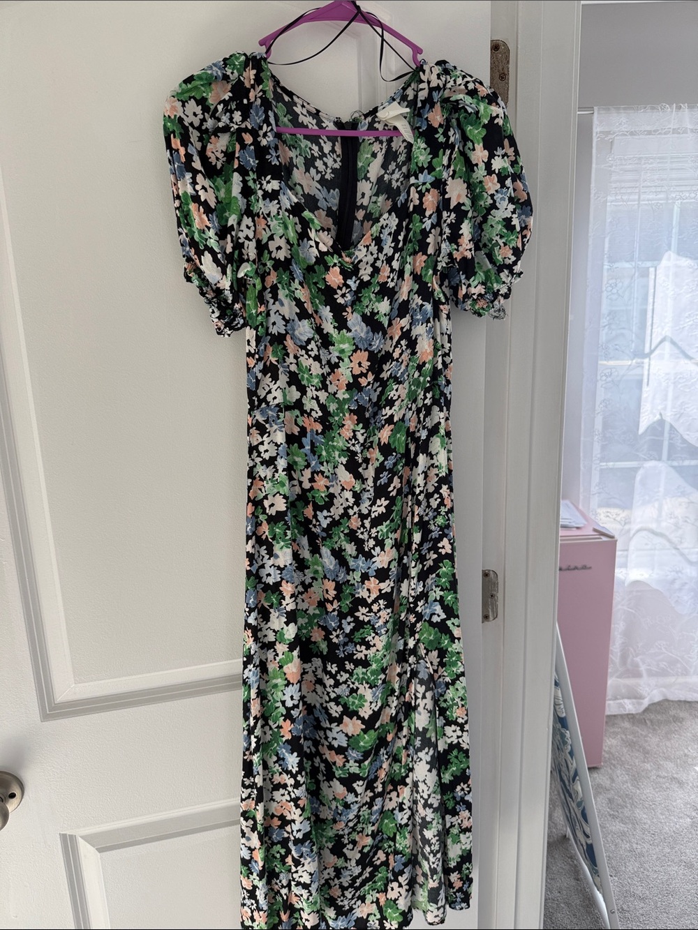 H&M Black Maxi Dress with Green, Pink, Blue and Cream Floral Print